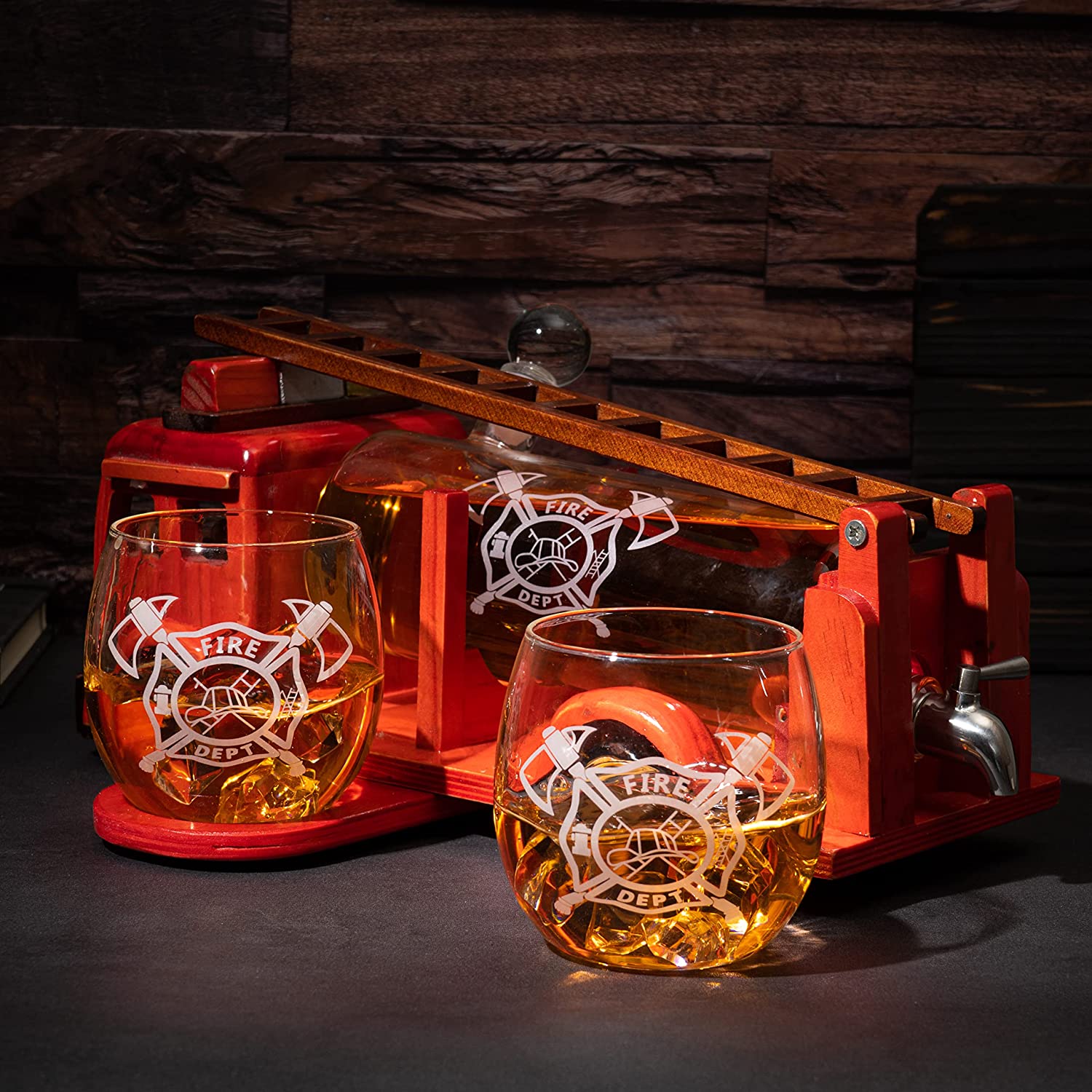 Firetruck Whiskey Decanter with Two 12 oz Glasses Gift Firefighter Gifts, Fireman, Firetruck Figurine, Police Gifts, Fire Department Gifts, Gifts for Firefighters! 600ml 13" L 6" H Gifts for Dad