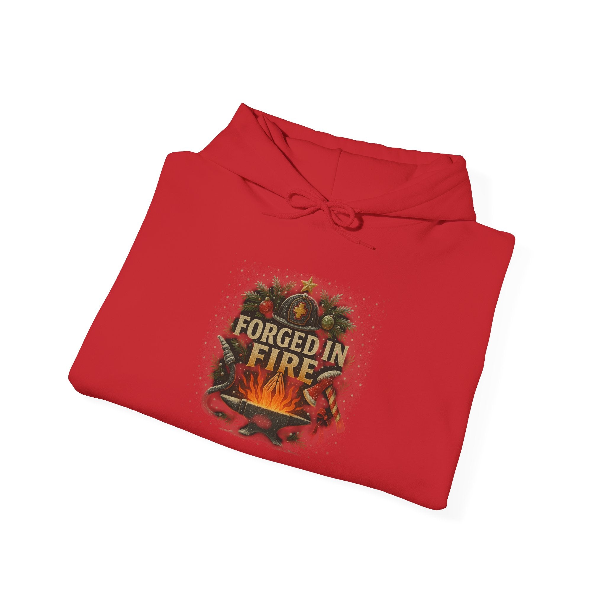 Christmas Hoodie – "Forged in Fire" Vintage Firefighter Christmas Hoodie