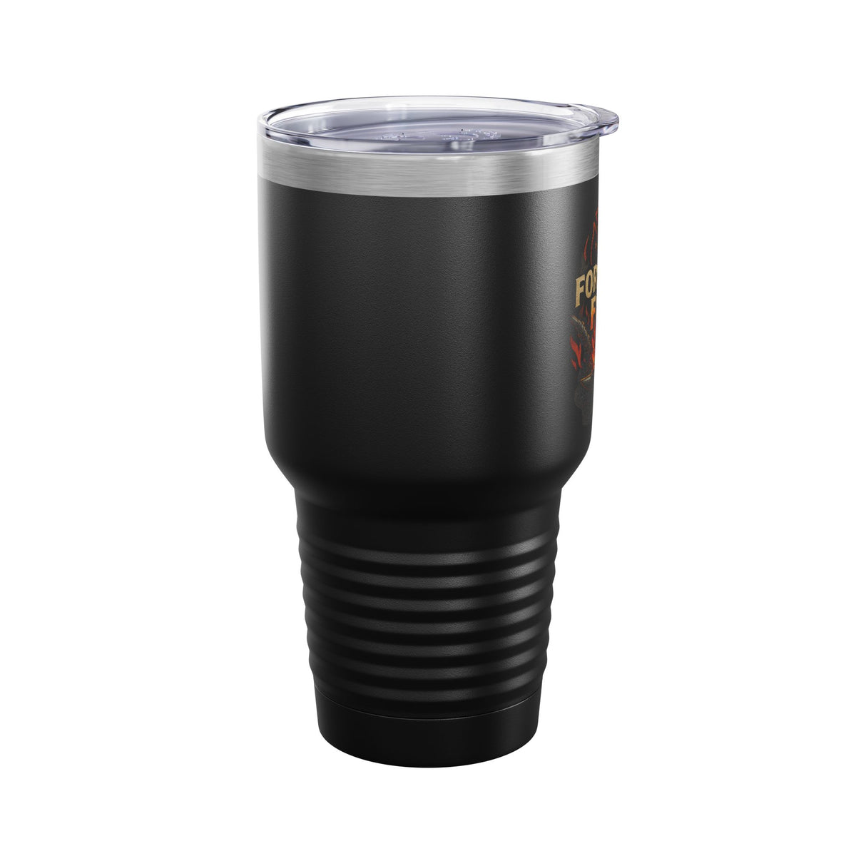 Side view of black Forged in Fire 30oz tumbler showing the ribbed base and edge of the printed design.