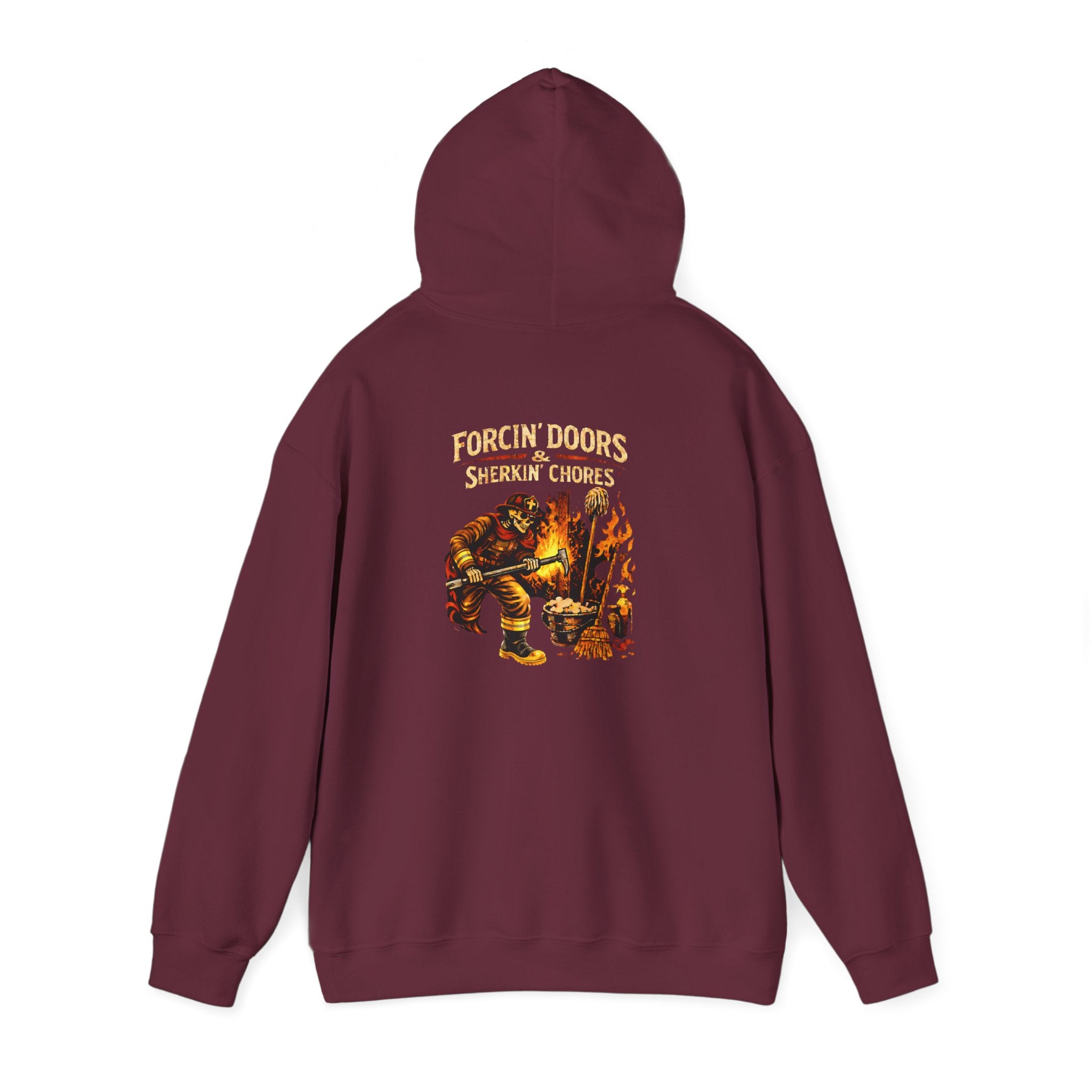 Forged in Fire Hoodie - Forcin' Doors and Sherkin' Chores