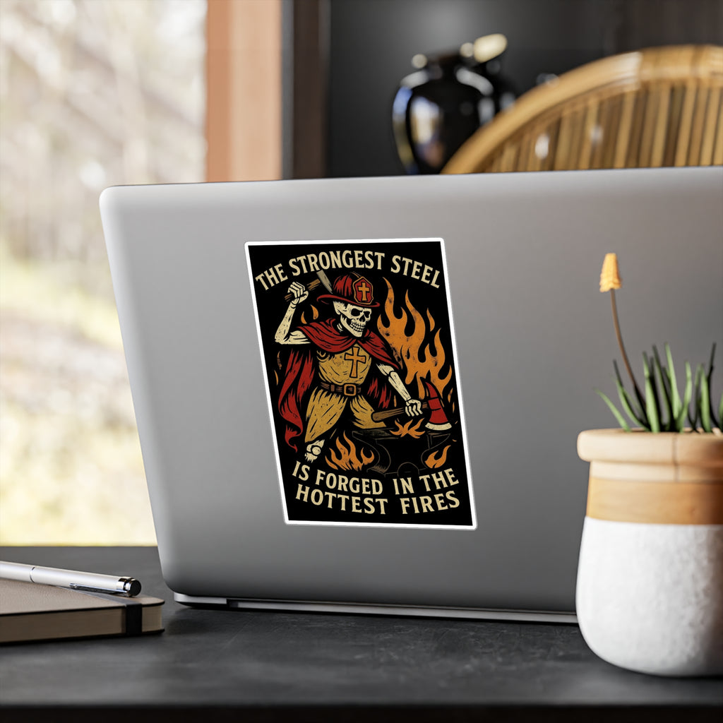 Firefighter Skeleton Forge Sticker — "The Strongest Steel Is Forged in the Hottest Fires" Vinyl Decal