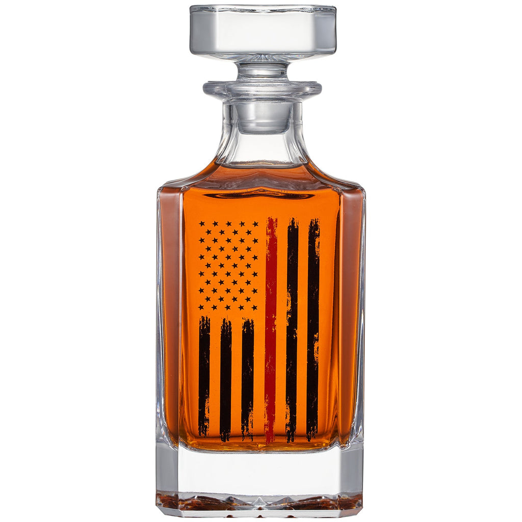 Firefighter Tactical Red Tattered American Flag Whiskey Decanter Gift Set | 730mL Decanter 2 Whiskey Glass | First Responder Gift for Fire Fighter, Red Rights, 2nd Amendment Gifts, FD Men, Dad, Him